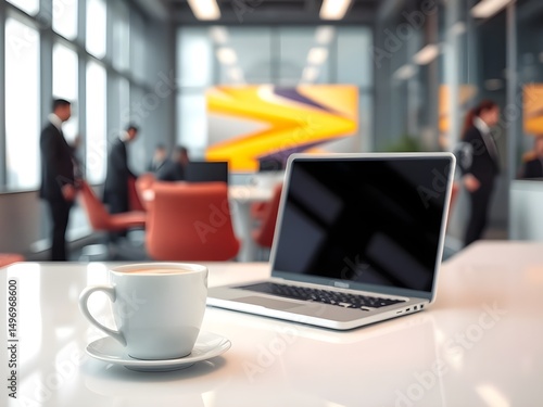 White coffee cup with laptop computer on office table for business concept, in clean office.