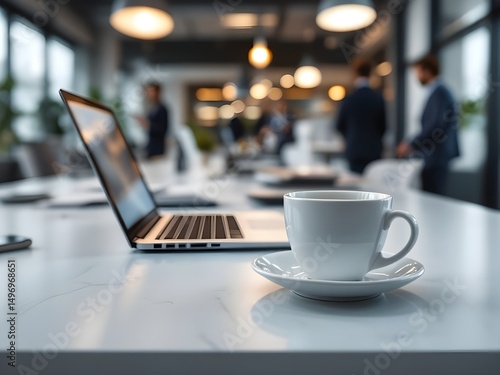 White coffee cup with laptop computer on office table for business concept, in clean office.