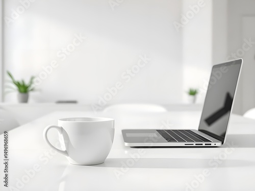 White coffee cup with laptop computer on office table for business concept, in clean office.