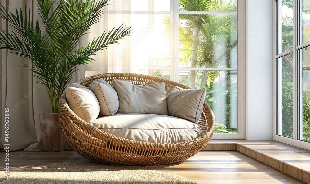 Wicker chair sits near a large window overlooking lush tropical plants bathed in sunlight.