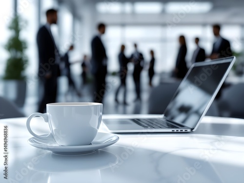 White coffee cup with laptop computer on office table for business concept, in clean office.