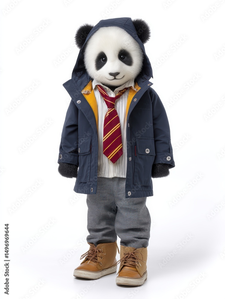 Visually striking , photorealistic of a panda wearing a school uniform with a tie and jacket, isolated on white background, Visually striking , photorealistic of a panda wearing a school uniform with a tie and jacket, isolated on white background,