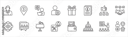 Business and management icon set. Contains symbol of businessman, target, finance, lunchtime, success, data, reward, work, money, employee, task, shop, meeting, education, idea. Vector illustration