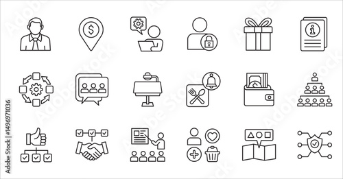 Business company and Management icon set. Contains symbol of success, data, reward, work, money, employee, businessman, target, finance, lunchtime, task, shop, meeting, education. Vector illustration