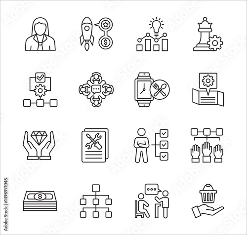 Business company Icon set. Management icon set. Contains symbol of success, data, reward, work, money, employee, businessman, target, finance, lunchtime, shop, meeting, education. Vector illustration