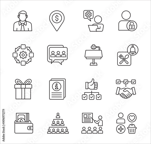Business company Icon set. Management icon set. Contains symbol of success, data, reward, work, money, employee, businessman, target, finance, lunchtime, shop, meeting, education. Vector illustration