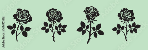 Elegant Black Rose Silhouette Set Four Variations of a Classic Floral Design