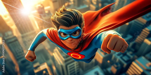 Extreme close-up and front view of a realistic version of a superhero in dynamic pose with blue mask and red cape while flying over a city. Male superhero looking at camera. Generative Ai.