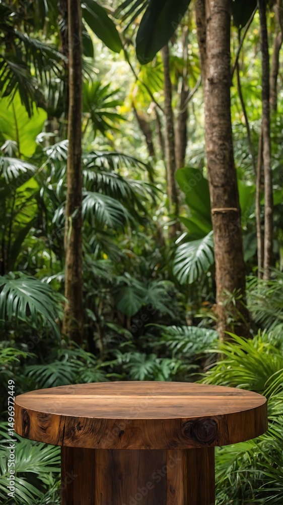 Fototapeta premium Tropical wooden table lush jungle setting