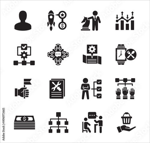 Business management flat icon set. Contains symbol of hierarchy, data, reward, work, money, employee, businessman, target, finance, lunchtime, success, task, shop, meeting, job. Vector illustration