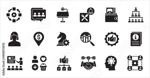 Business company, management flat icon set. Contains symbol of businessman, target, finance, lunchtime, success, hierarchy, data, work, money, employee, task, shop, meeting, job. Vector illustration