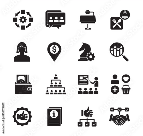 Business management flat icon set. Contains symbol of hierarchy, data, reward, work, money, employee, businessman, target, finance, lunchtime, success, task, shop, meeting, job. Vector illustration
