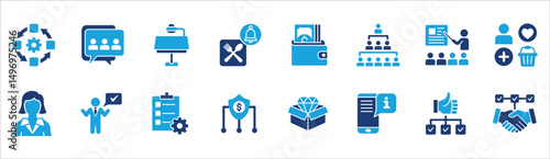 Business company management icon set. Contains symbol of businessman, target, finance, lunchtime, success, hierarchy, data, reward, work, money, employee, task, shop, meeting, job. Vector illustration