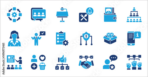 Management and business icon set. Contains symbol of businessman, target, finance, lunchtime, success, hierarchy, data, reward, work, money, employee, task, shop, meeting, job. Vector illustration