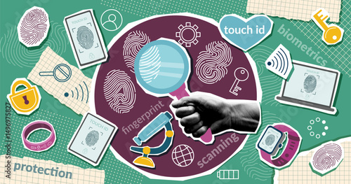 Fingerprint concept collage banner in pop art style. Biometric authentication technology concept. Fingerprint scanning system. Vector trendy background.