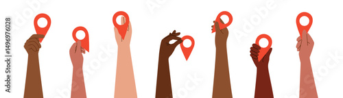 Set of human hands raised up with travel destination pins isolated on white background. Travel point of destination. Flat style cliparts.