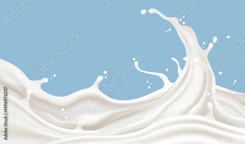 Milk liquid splashing isolated on solid color background. Realistic vector in 3D elements. Food and Drink concepts.