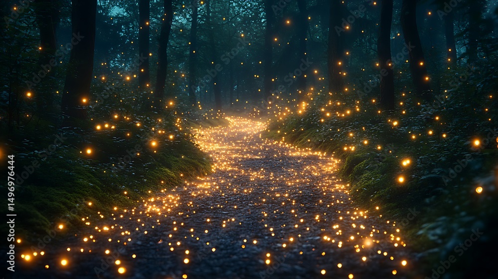 Fototapeta premium Mossy Forest Path Fireflies Dance High Resolution Photo