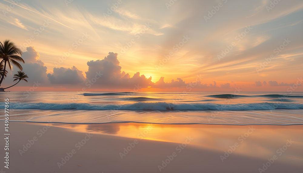 Fototapeta premium A serene beach scene unfolds at sunrise, featuring a tropical beach with a calm ocean view.
