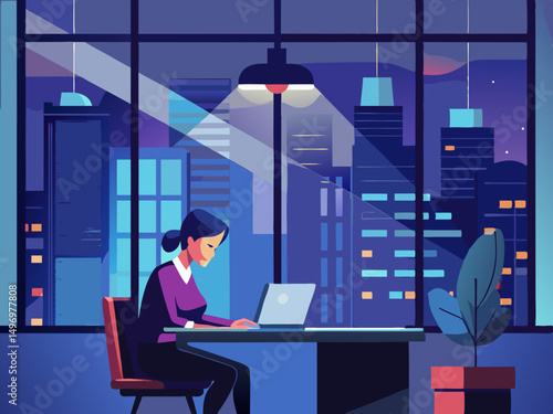  an employee working late in a high rise office   