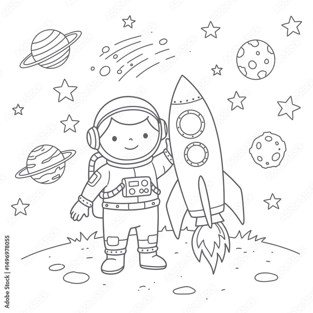 Obraz premium Astronaut with rocket in space suitable for children's coloring page outline vector illustration