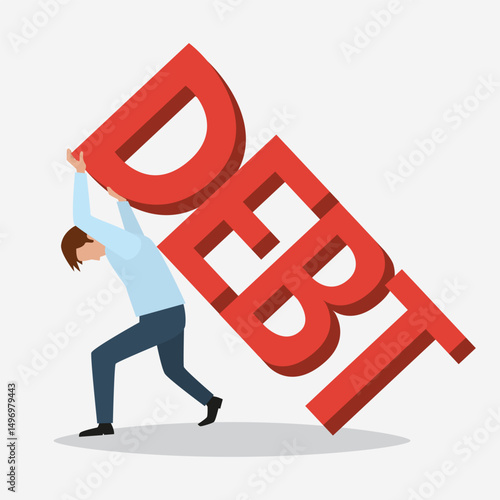 Businessman Carrying Big Heavy Money Text Debt. Man Under Debt Concept. Cartoon Vector Illustration. 