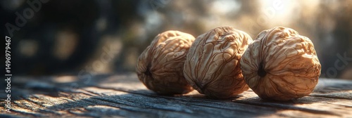 Three walnuts on wooden surface