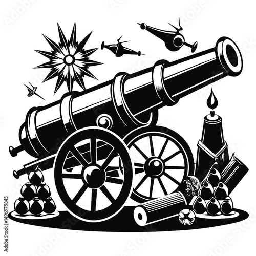 Military Artillery Cannon Black and White Vector