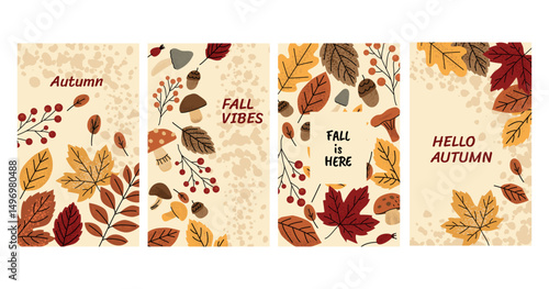 Set of cozy autumn cards with leaves, mushrooms, berries, and seasonal quotes like Autumn, Fall Vibes, Fall is Here, and Hello Autumn.Warm beige background and hand drawn style. Vector illustration