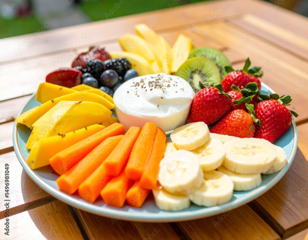 Colorful plate with fruits, veggies, eggs, and sour cream on wooden table lit by warm sunlight. Colorful plate with fruits, veggies, eggs, and sour cream on wooden table lit by warm sunlight.