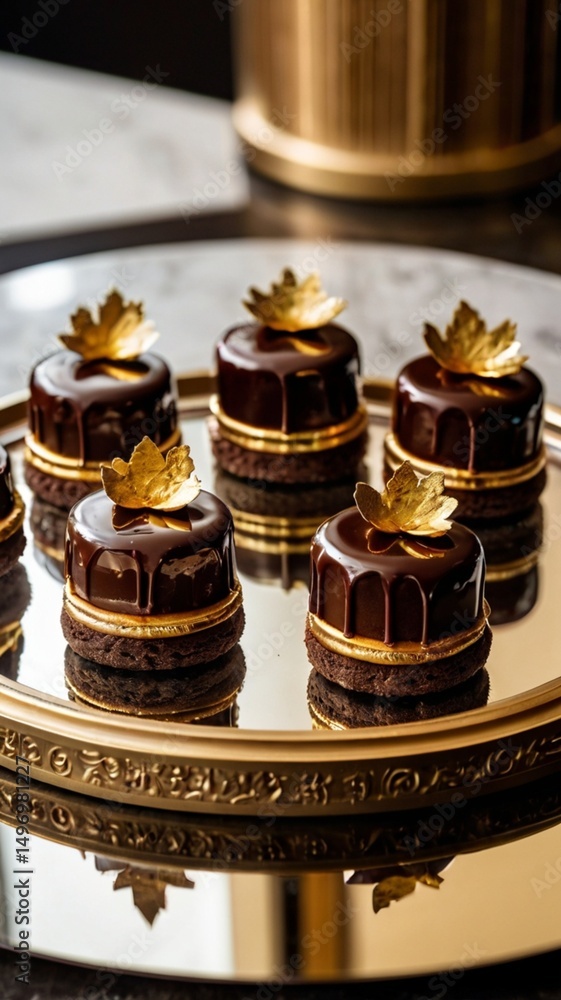 Several mini chocolate cakes with piped ganache and gold leaf decoration, arranged on a mirrored tray in a high-end patisserie setting. Several mini chocolate cakes with piped ganache and gold leaf decoration, arranged on a mirrored tray in a high-end patisserie setting.