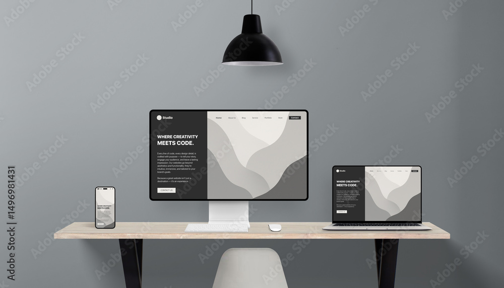 Fotografie Responsive website layout shown in multiple screen formats on office desk, repre