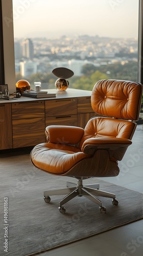 A burnt orange leather executive chair sits on a rug before a large window overlooking a city vista and a wood desk