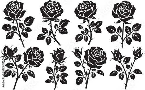 Collection of Elegant Rose Silhouettes A Set of Black and White Floral Designs