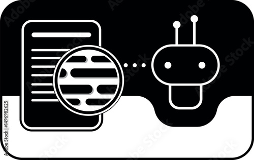 Minimal vector graphic of a chatbot researching a document with a magnifying glass. Ideal for digital communication, AI tutorials, UX interfaces, or explainer visuals in widescreen (1920×1080).