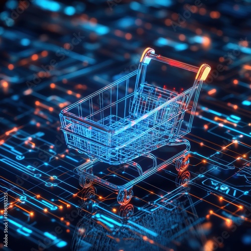 Digital shopping cart concept glowing wireframe illustration futuristic retail online commerce buying selling
