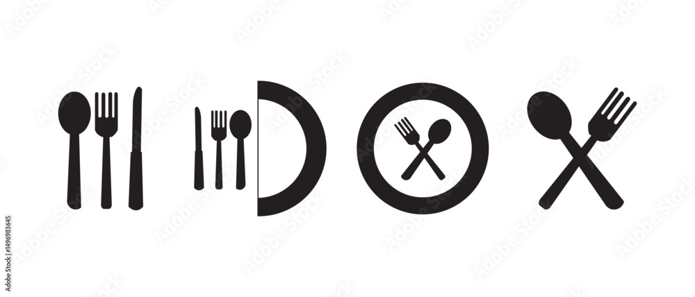 Obraz premium Food icon. Fork knife spoon sign set. Plate symbol. Breakfast lunch dinner icon. Menu sign. Cafe icon set.