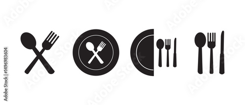 Tableware thin line icon set of fork, knife, spoon. Logotype menu. Cutlery and crockery sign. Flat style eating utensils symbol collection. Vector illustration