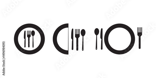Tableware thin line icon set of fork, knife, spoon. Logotype menu. Cutlery and crockery sign. Flat style eating utensils symbol collection. Vector illustration
