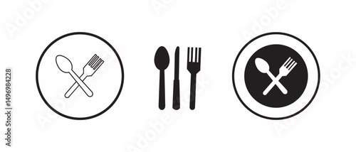 Cutlery silhouettes. Fork spoon knife black icons, silverware silhouettes on white background. Vector cutlery set for serving illustration, Fork, knife, spoon and plate set icons. Tableware set flat
