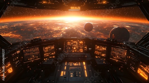 A spaceship cockpit view showcases a fiery sunrise over a planet, with another planet and stars visible through the viewport.  The control panel glows with orange light
