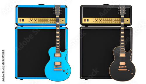 Set of amplifier with electric or acoustic guitar isolated on white background. 3d render of amplifier for recording bass guitar in studio or rehearsal room, concept for rock festival poste