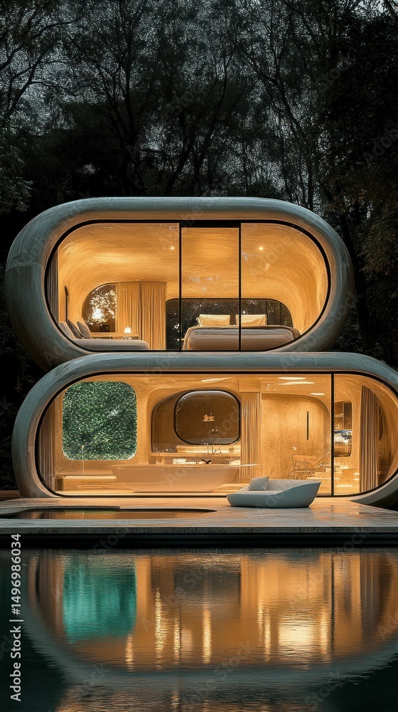 Obraz premium Stunning Modern Capsule Villa by the Pool at Night