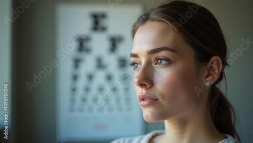 Free Download Young woman gazing thoughtfully while seated near an eye chart in a modern indoor setting - GFXLoad