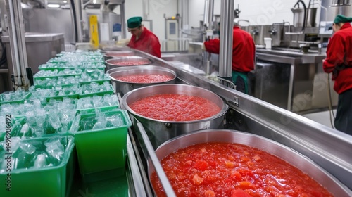 Industrial Kitchen with Large Pots of Red Liquid and Workers
