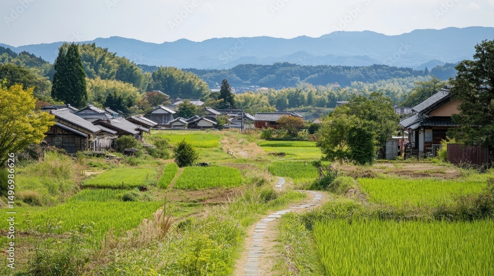 Obraz premium Traditional Japanese Village with Rice Paddies and Stone Pathway under a Clear Sky