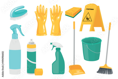 Set of cleaning equipment in cartoon style. Vector illustration: scrubbing brush, rubber gloves, sponge, sprays, sprayers, scoop, broom, bucket, sign carefully, wet floor isolated on white background.