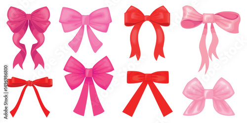 Set of beautiful ribbon bows in cartoon style. Vector illustration of silk pink, red bows of different shapes: single, double isolated on white background.Girls accessories.Gift bows.Hair decorations.