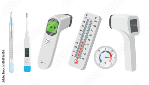 Set of thermometers, measuring instruments in cartoon style. Vector illustration: Fahrenheit, Celsius, mercury thermometer, electronic, non-con infrared, round. Weather and medical temperature meters.