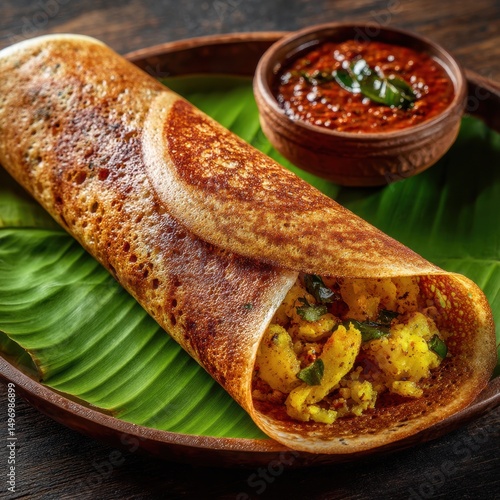 Delicious South Indian Masala Dosa Filled with Spiced Potatoes and Served with Hot Tomato Chutney on a Banana Leaf in a Traditional Wooden Plate